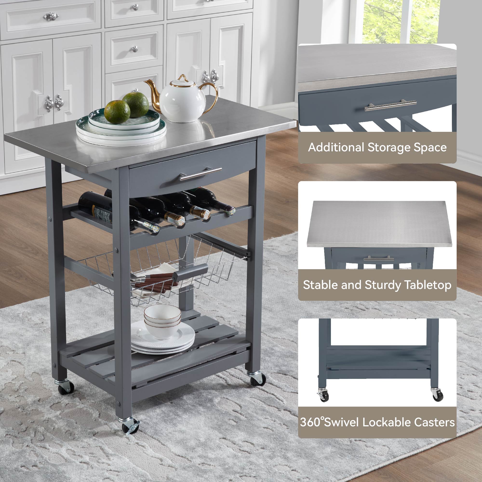Mobile Rolling Kitchen Island Trolley Serving Cart With Underneath Drawer & Slide-Out Wire Storage Basket_voghion.com